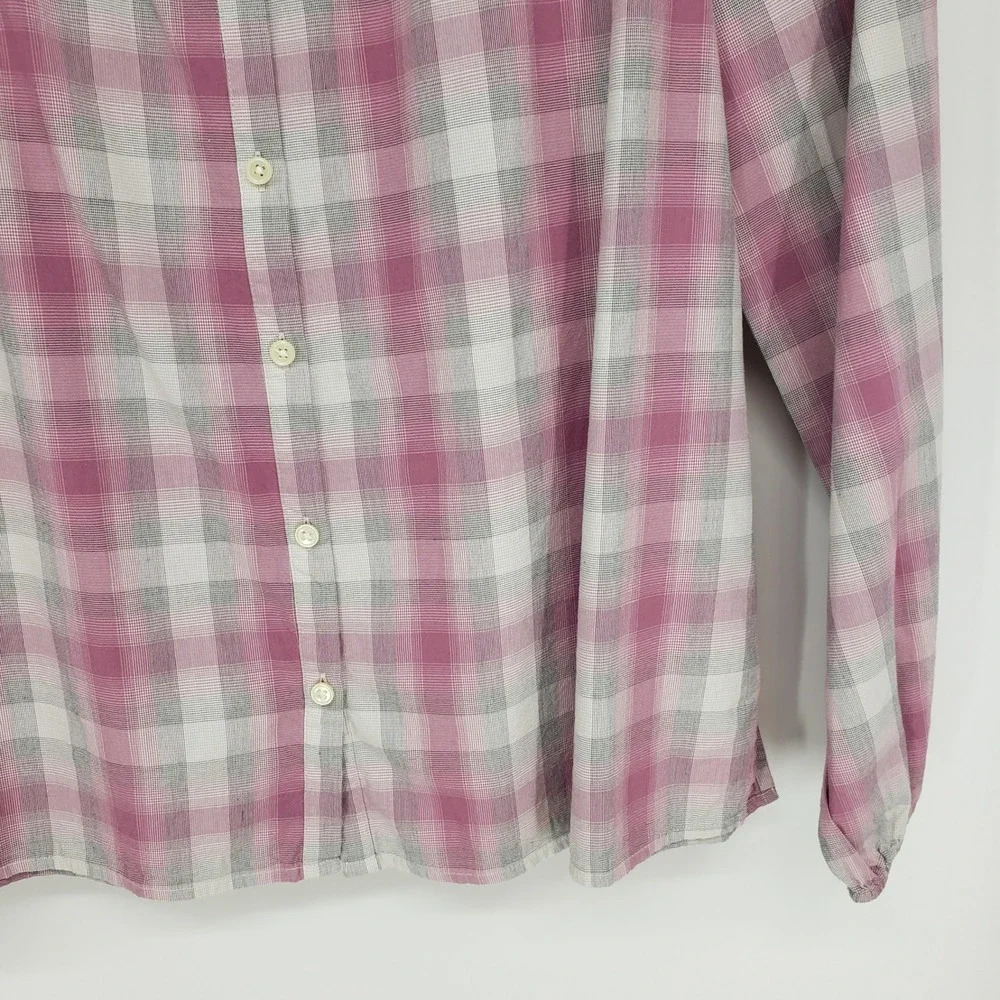 LOFT Plaid Smocked Button Down Shirt Womens Small Pink Long Sleeve Puff Shoulder